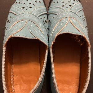 Light Aqua Blue Women's Leather Loafers with Lace Cut-Out Designs